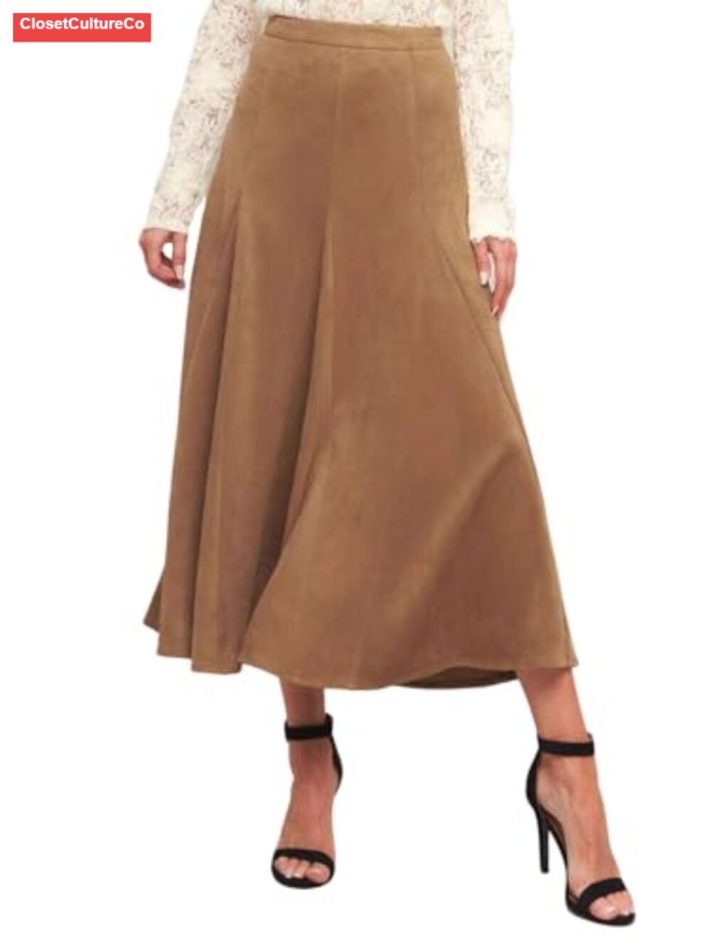 Faux Suede Midi Skirt High Waisted Ruffle A Line Flared Fall Winter